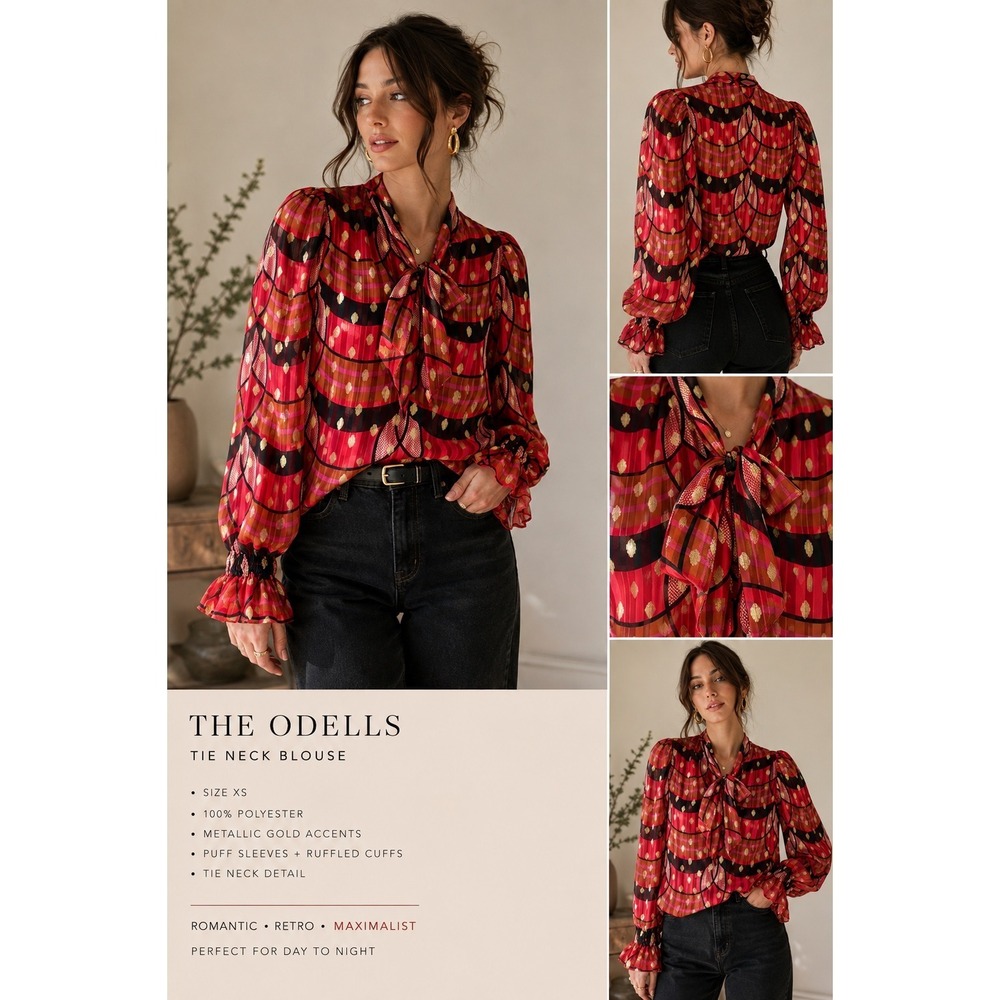The Odells XS Metallic Tie Neck Maximalist 70s Glam Statement Dopamine Blouse